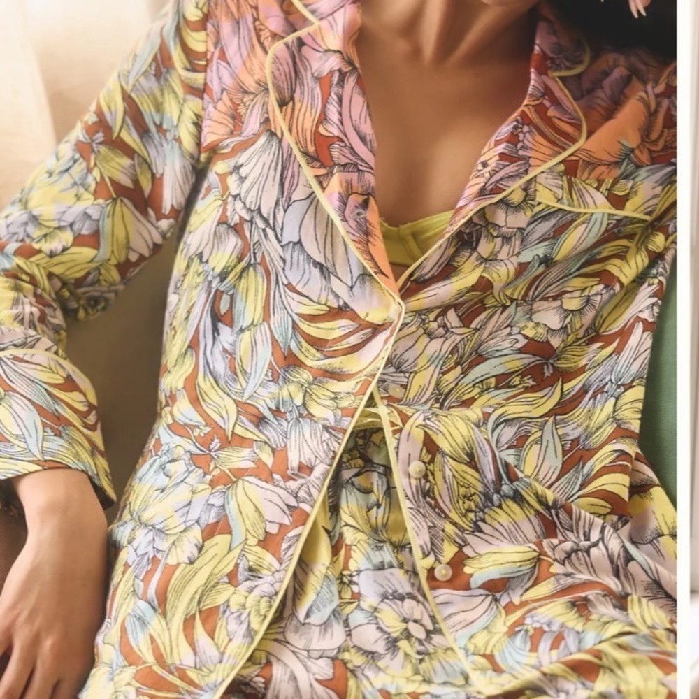 Alexandra‎ Farmer Anthropologie Floral Pajama Top Yellow Orange Blue Large NEW